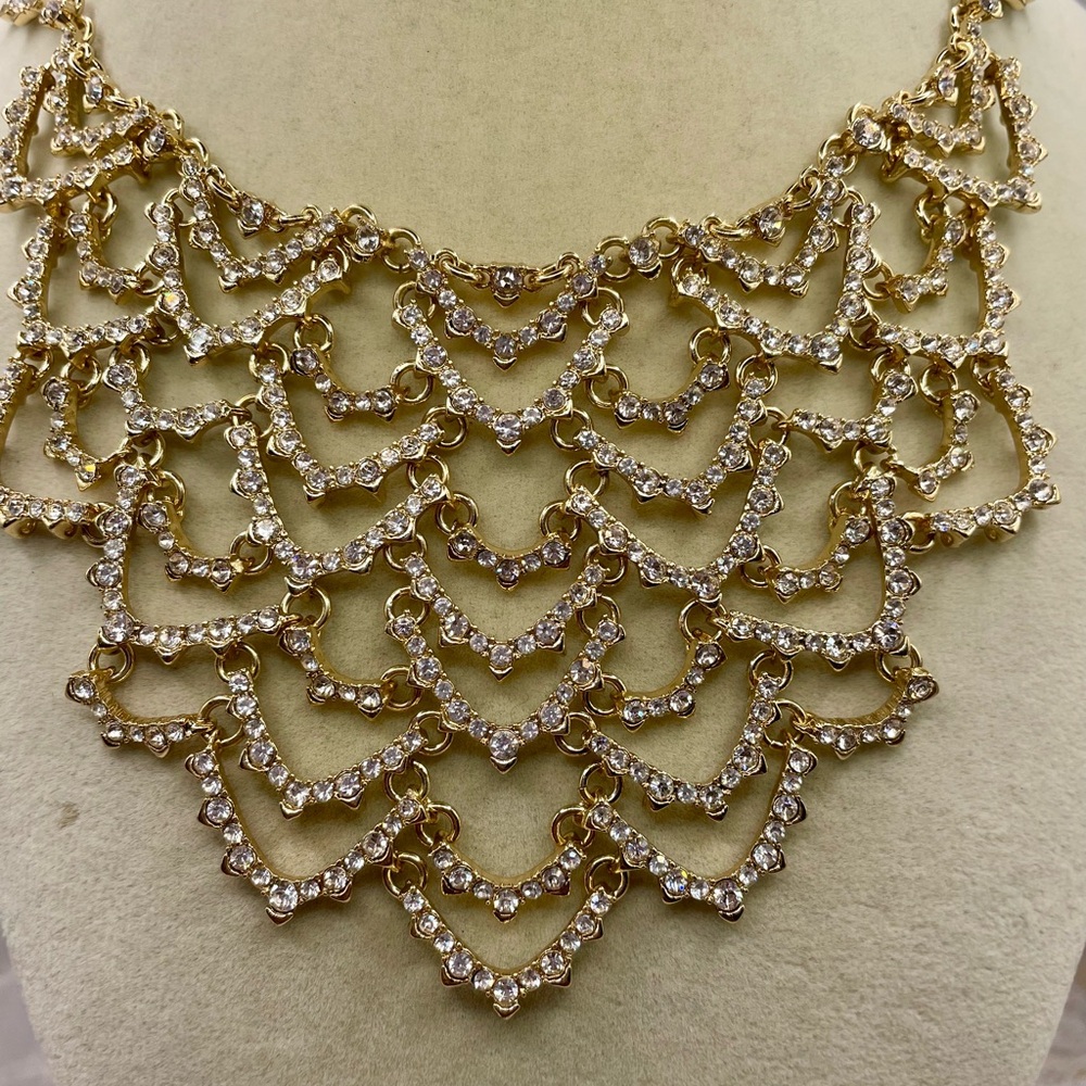 INC International Concepts Gold Tone and Crystal Scalloped Bib Choker Necklace